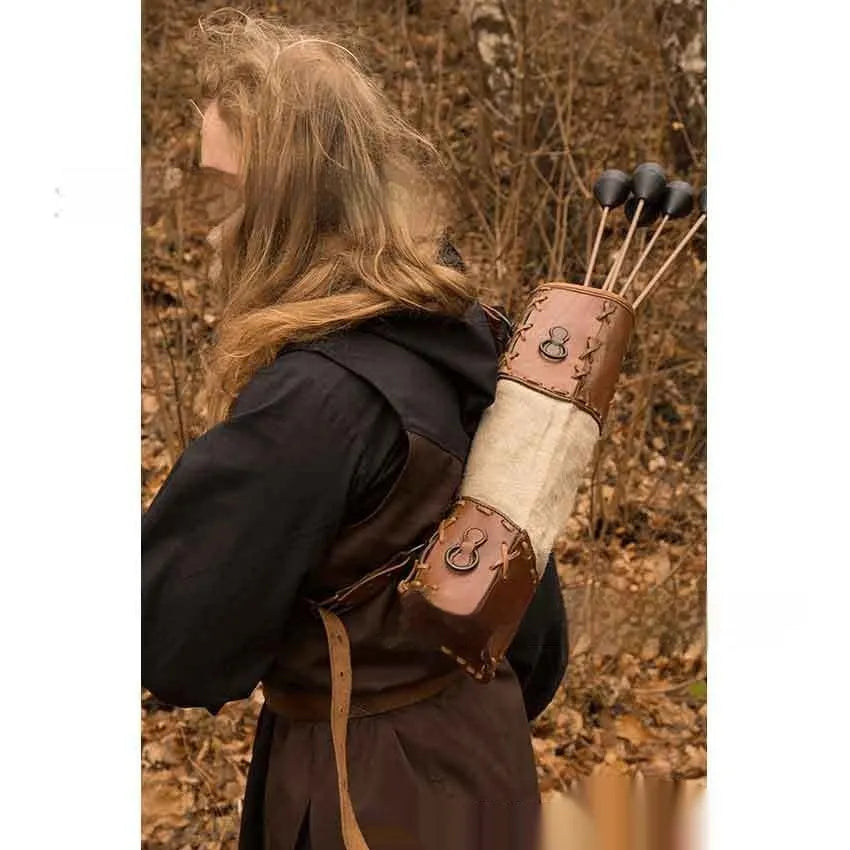 Brown hand-knitted leather quiver bag with lace-up strap for medieval cosplay