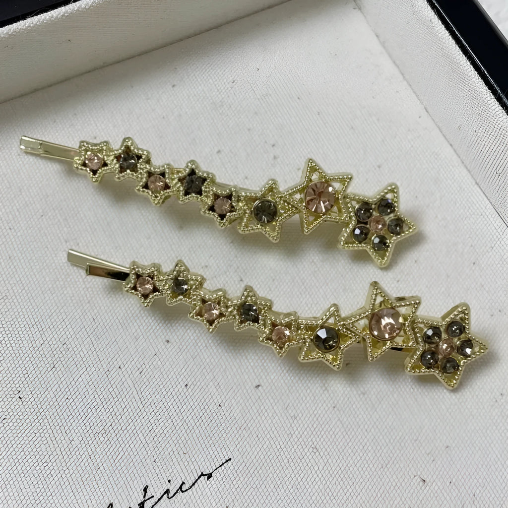 Gold rhinestone barrettes hair clip with five-pointed star design for side hair and bangs