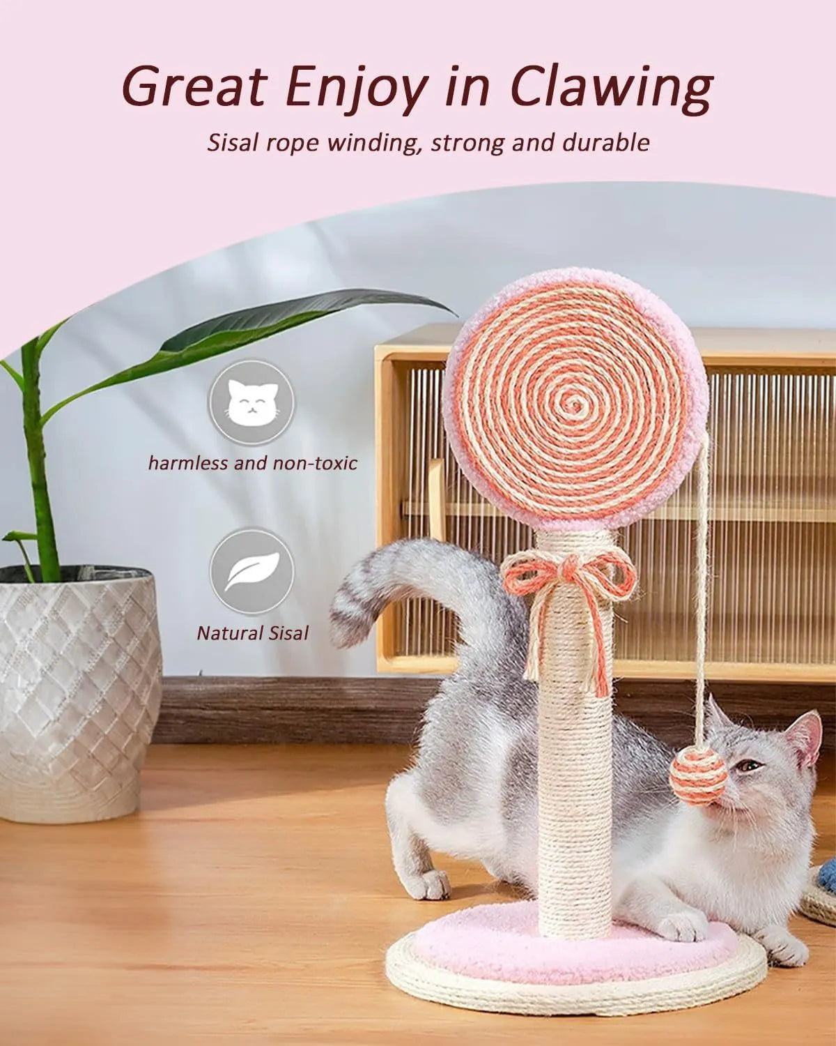 Blue cat scratching post with natural sisal rope and hanging ball toy on sturdy wood base
