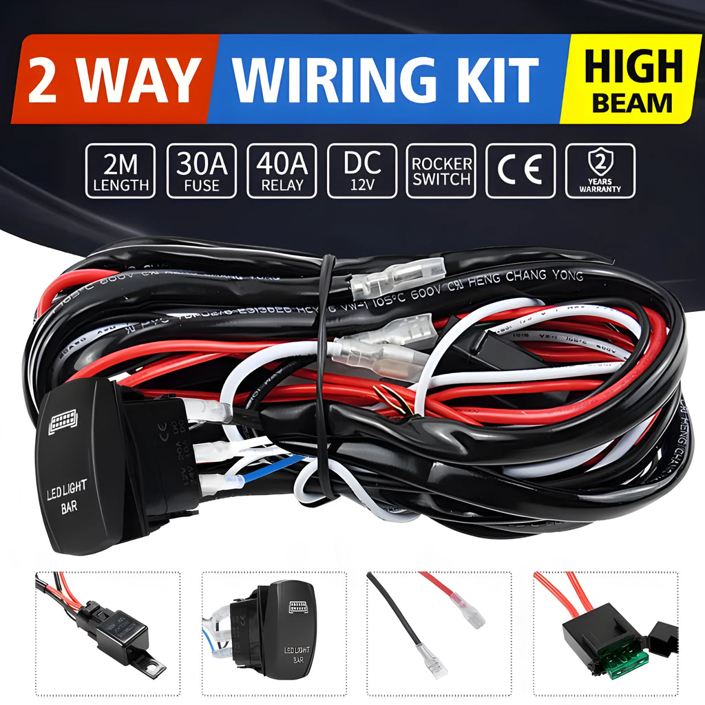 Black off road LED spotlight cable harness with switch for vehicle modification