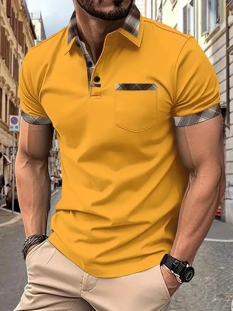 Men's plaid colourblock t-shirt with zipper decorations in loose fit for summer casual wear