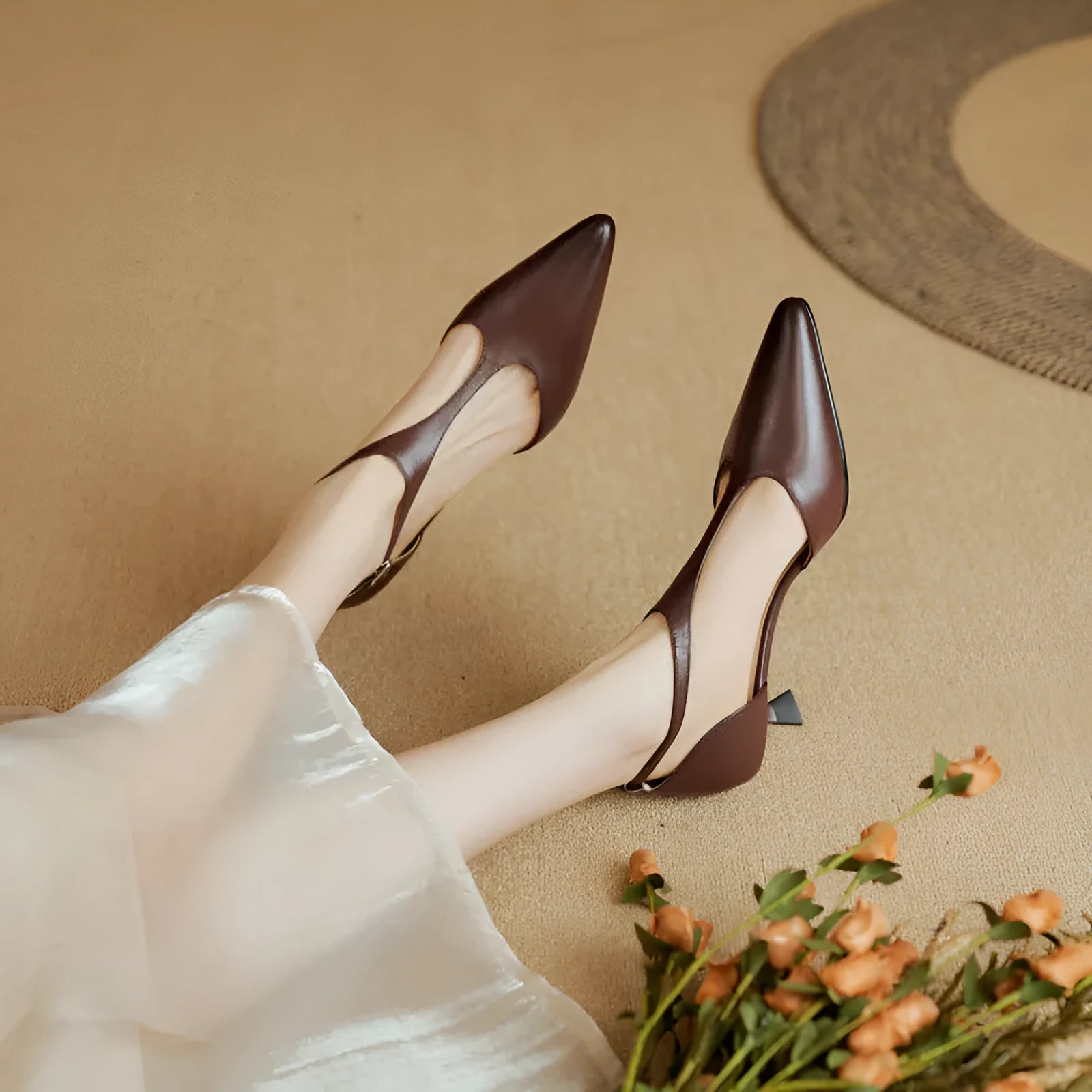 Women's brown cowhide leather pointed toe vintage high heels UK size 37