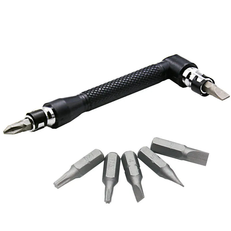 L-type double-headed socket wrench set with 10 steel screwdriver bits on grey background