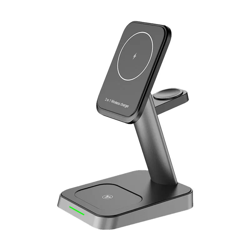 Black cube wireless charger with vertical phone charging and integrated watch charging pad