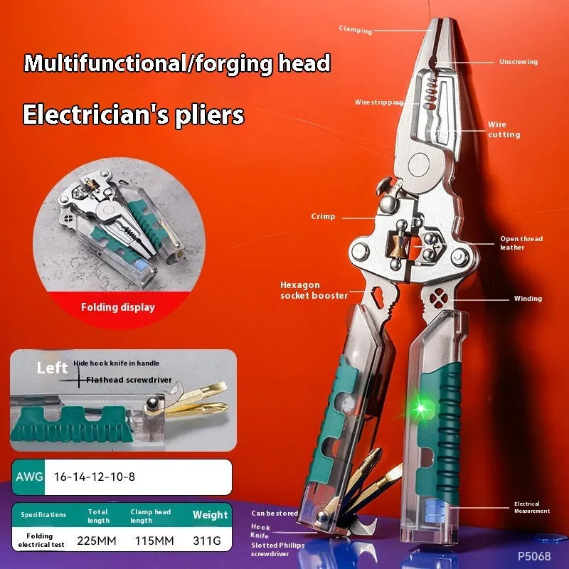 Thickened electricians' pliers with wire stripping function showing pointed design and handle details
