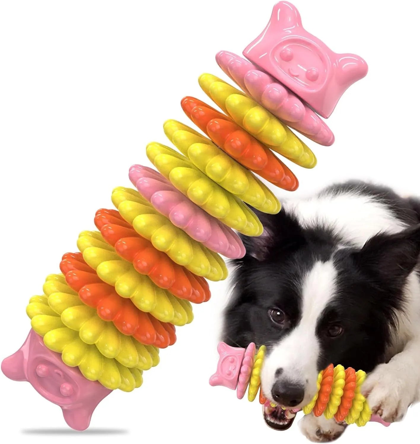 Blue rubber caterpillar-shaped dog chew toy for aggressive chewers on a plain background