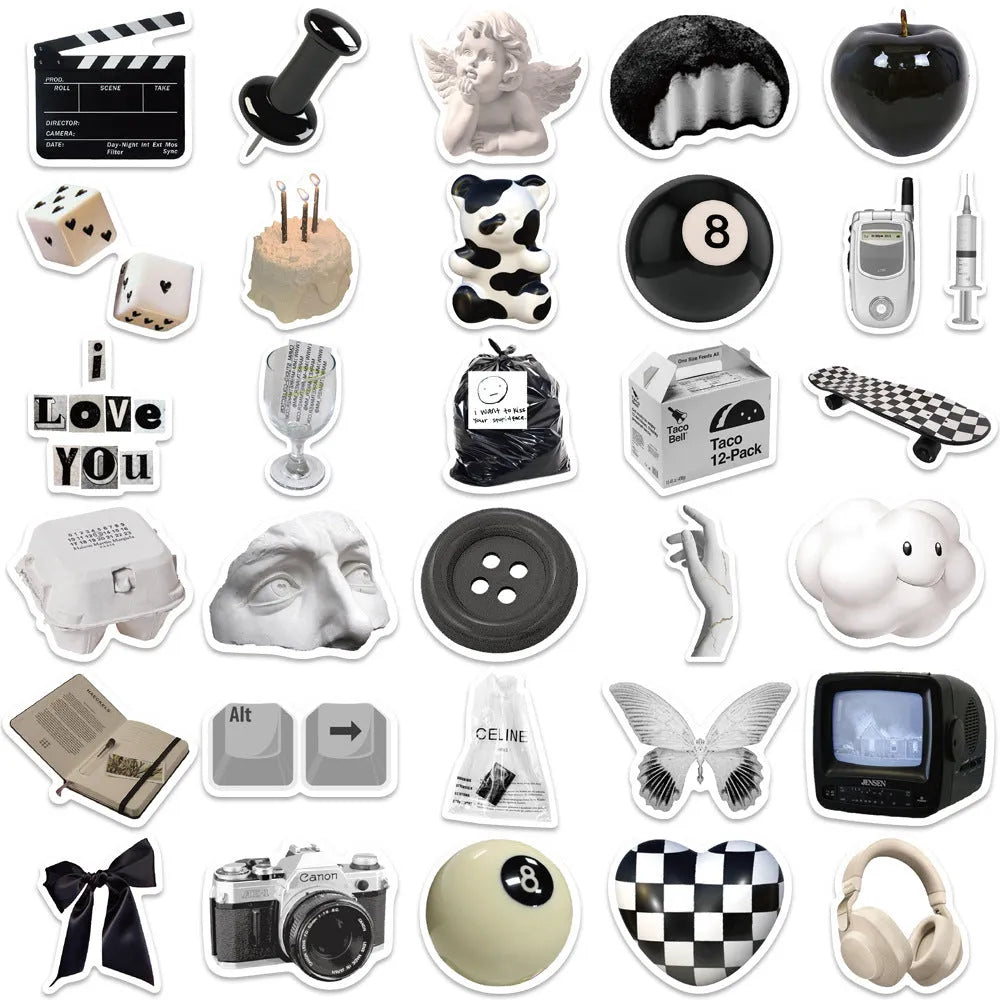 Set of 61 black and white simple style PVC waterproof vinyl stickers for laptops, cups, phones and guitars.