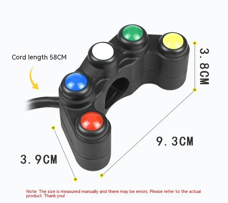 Plastic five-position switch with red, yellow, blue, green, and white buttons for motorcycle electrical modifications.