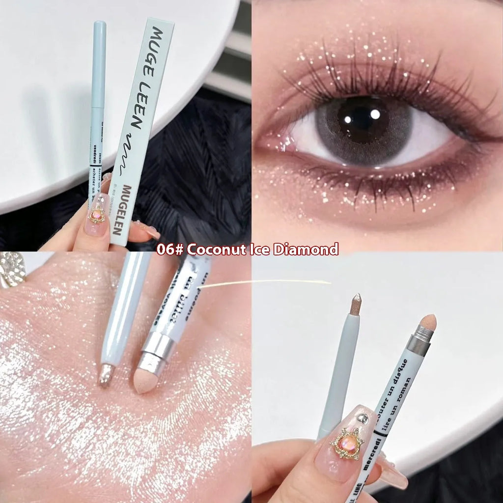 Waterproof 2-in-1 eyeshadow and highlighter pen in assorted colours on a white background.