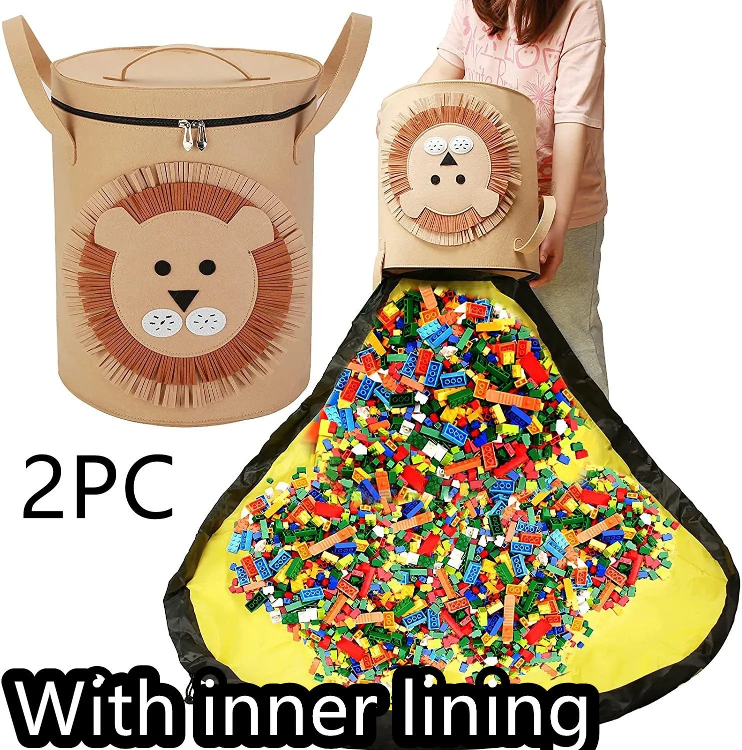 Green felt cube storage bag with pull rope, shown as a toy organiser and play mat.