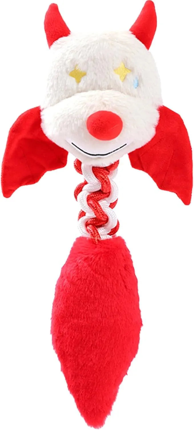 Large black plush dog toy with cartoon design, a rope knot, and a squeaker for chew play.