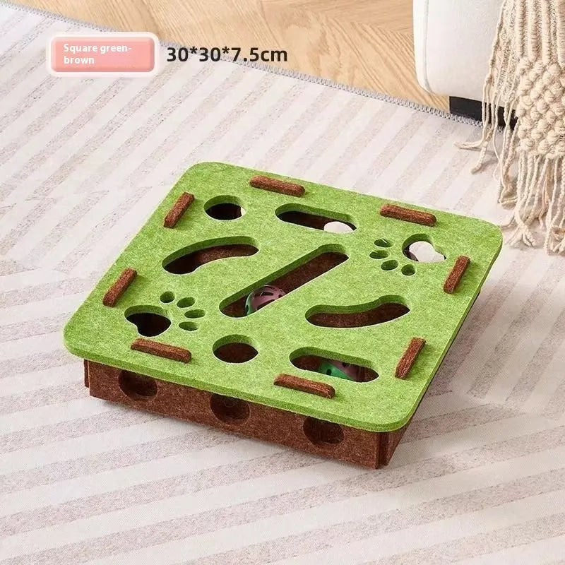 Handmade felt cat toy box with hole for paw interaction in camel white, gray, or green brown