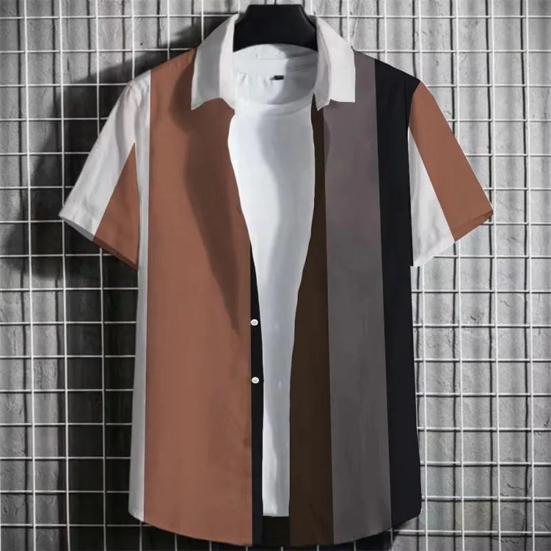 Men's linen short sleeve t-shirt with simple 3D printed striped pattern, shown in one of seven available colours.