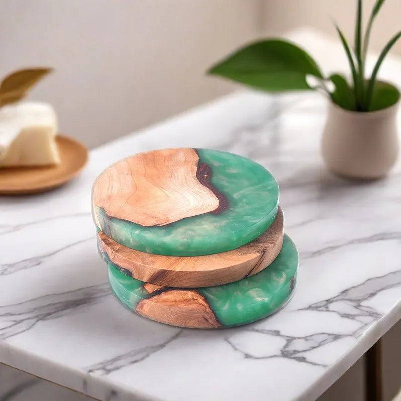 Nordic style wooden coaster with heat insulation resin in a solid colour design.