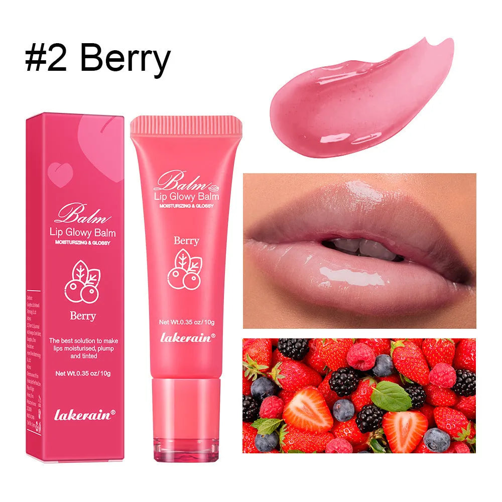 Women's lip gloss applicator in one of four fruit flavours: yellow peach, berry, grapefruit, or grape.