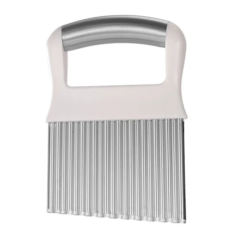 Stainless steel potato wave knife for making crinkle-cut chips and waffle fries.