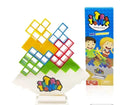 Plastic balance stacking game with 16 coloured building blocks, chassis, and base on a table