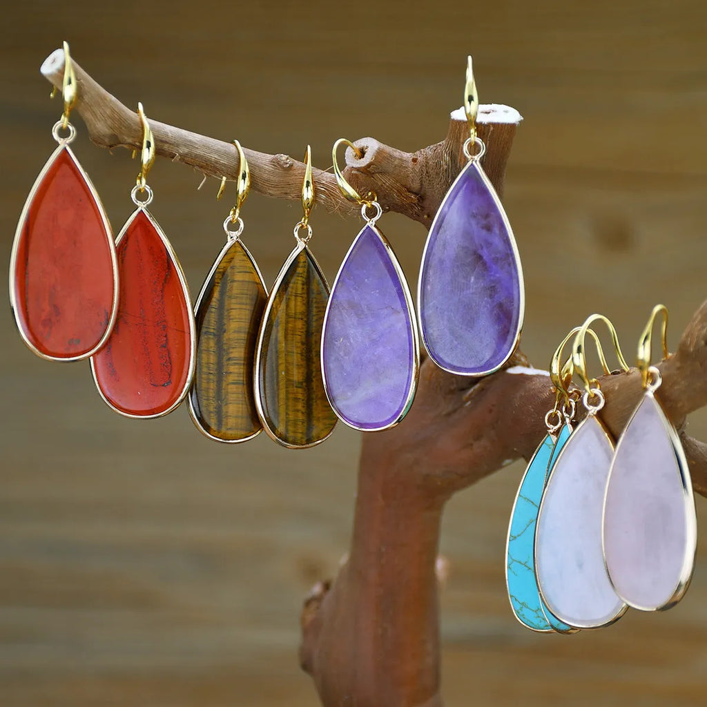 Vintage handmade stone drop earrings in tigereye colour with textured surface