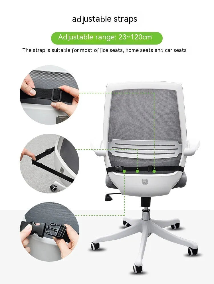 Memory foam seat cushion with strap fastening in black, grey, or milky white for car and office chairs.