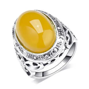 Retro geometric alloy ring with fluorescent beeswax electroplating in antique silver amber colour