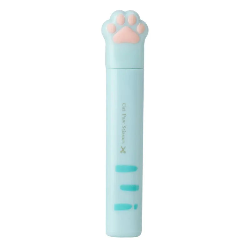 Closed cat paw mini folding safety scissors showing stainless steel blades hidden inside, in blue colour option.