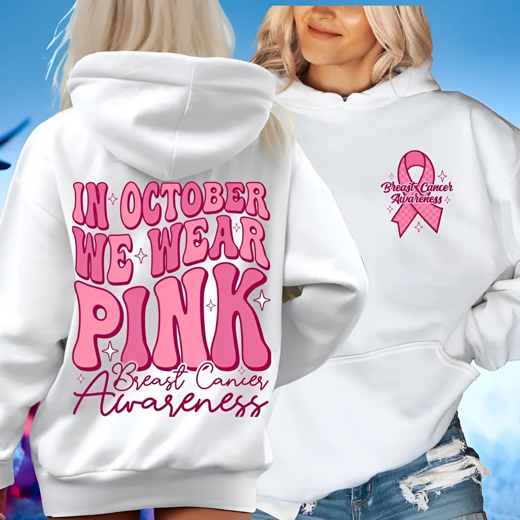 Pink breast cancer awareness pullover hoodie with a retro hot stamping pattern and a side seam pocket.