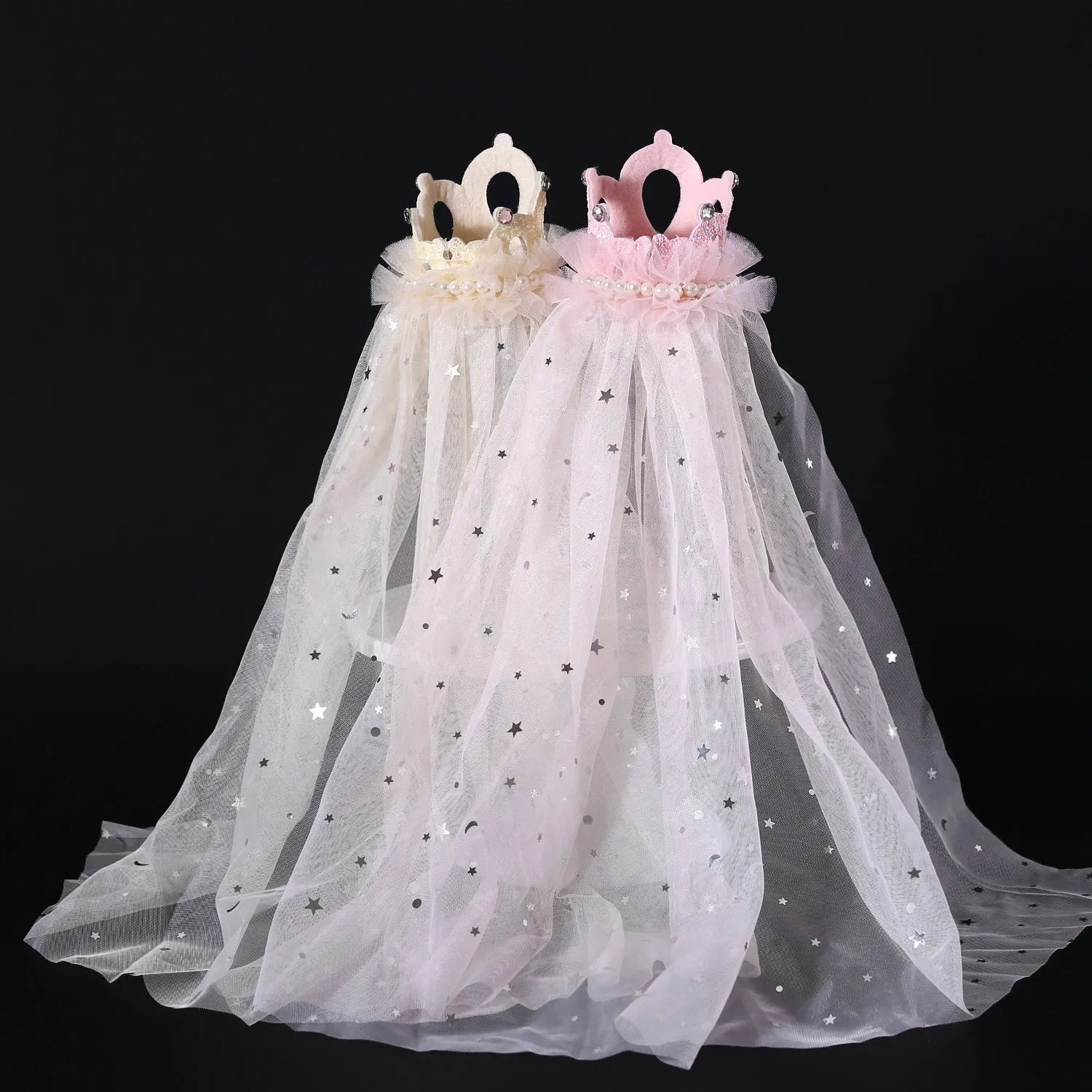 Cat wearing princess crown headdress with lace veil in beige or pink