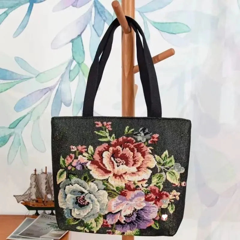Double-sided gold wire embroidered canvas tote bag in small, medium, and large sizes with floral patterns.