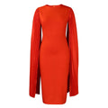 Long sleeve high waist evening gown with a round neck and pleated shawl detail.