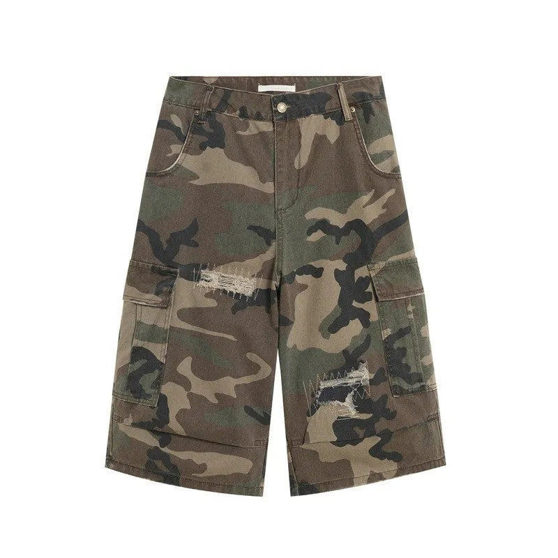 Men's camouflage cropped jeans with retro patches and ripped detailing in straight leg cut