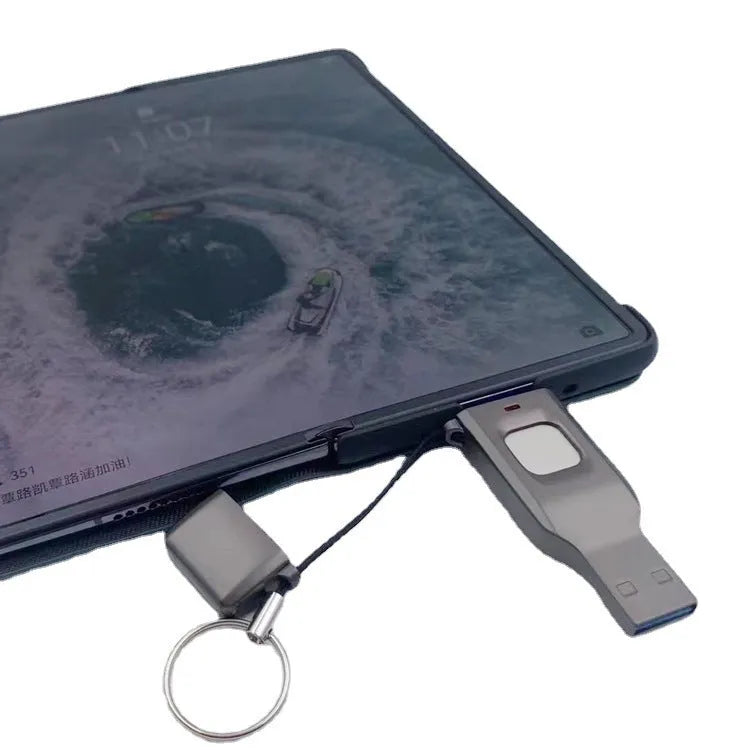 Black fingerprint encrypted USB flash drive showing USB 3.0 connector and Type-C interface with metal casing