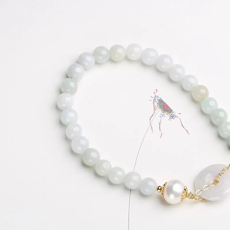 Natural jade peace buckle pearl bracelet for women with round pendant on pearl string