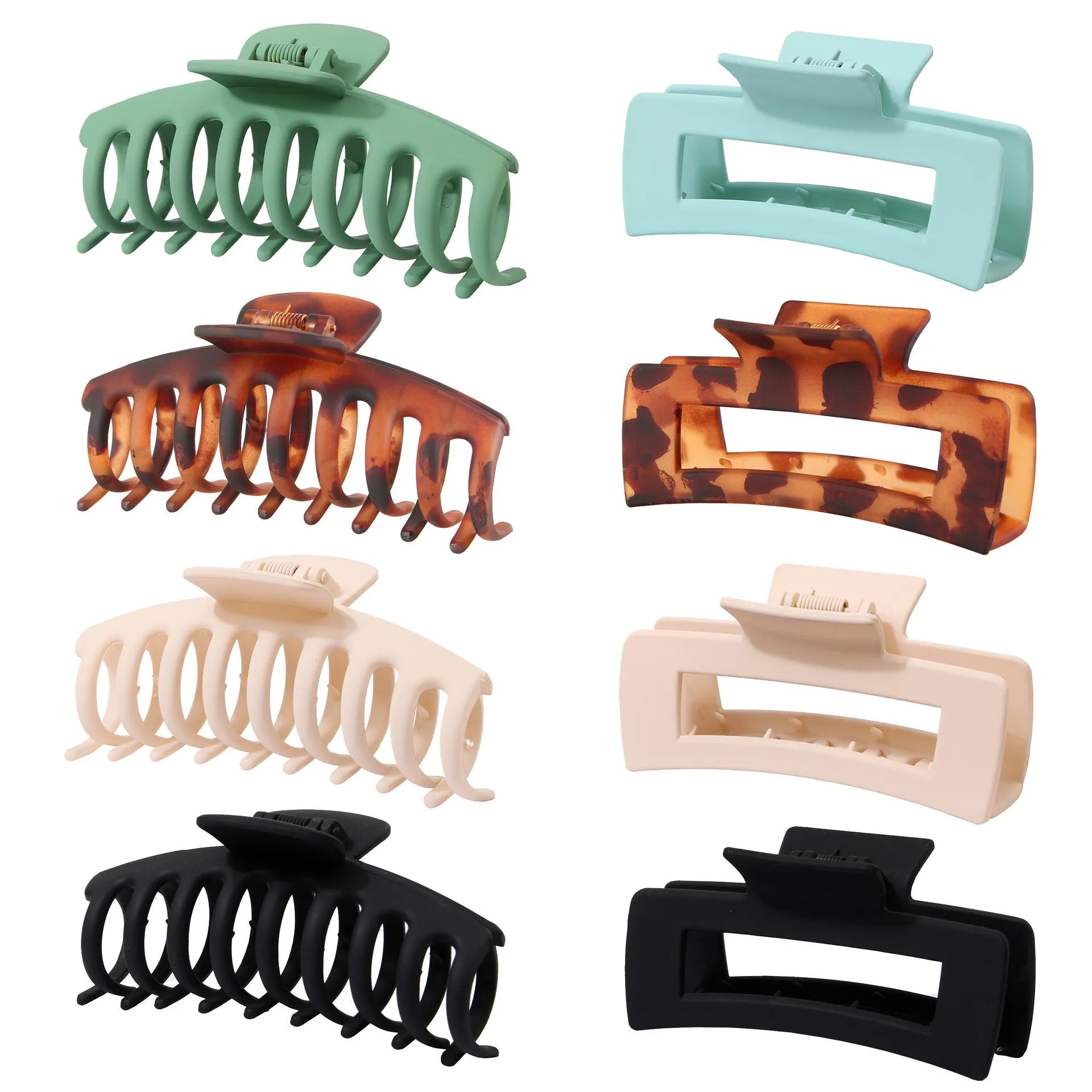 Six rose red plastic hair clips with frosted grip surface and quadrilateral pointed toe design