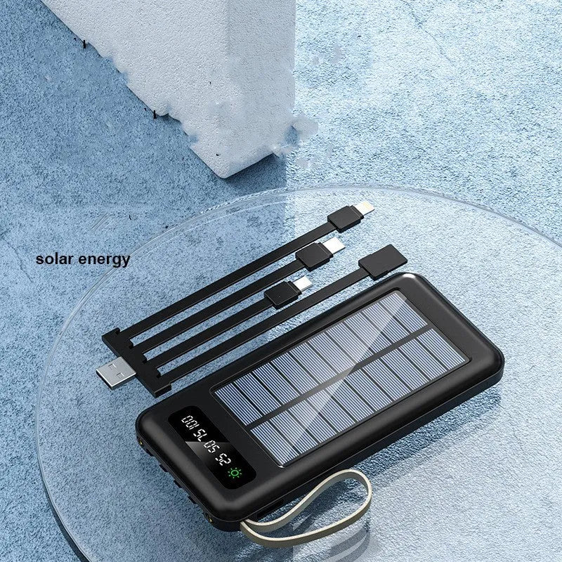 Black or white solar power bank with built-in panel showing capacity options of 20000mAh and 30000mAh.