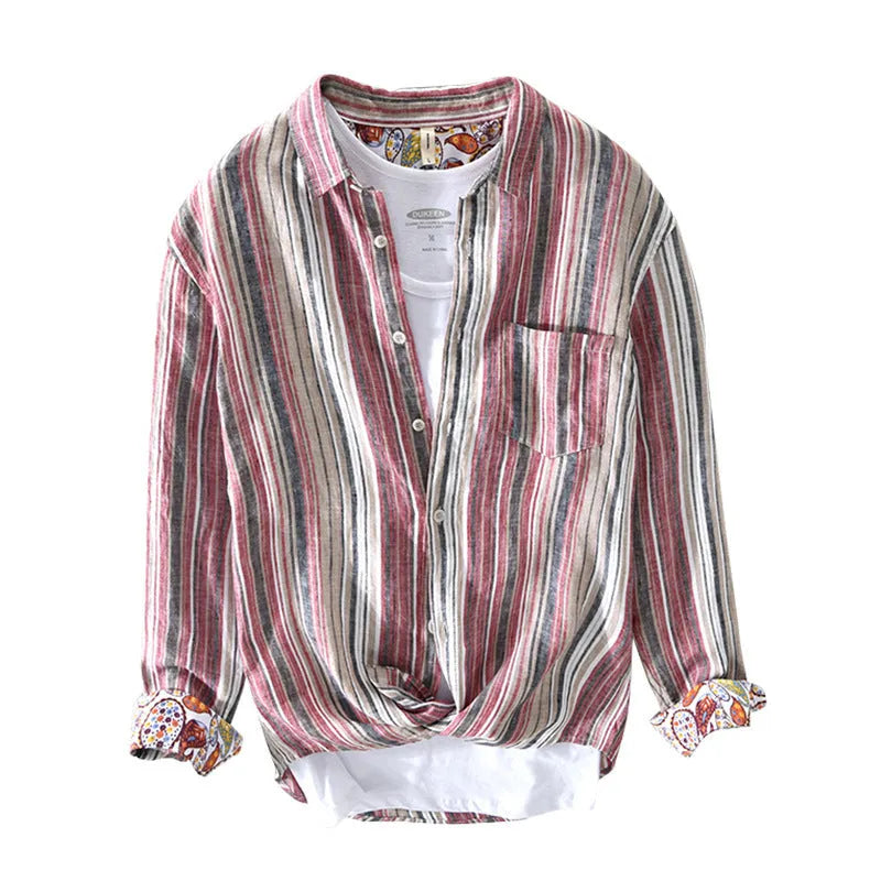 Men's striped linen shirt in loose fit with long sleeves available in red or grey colours