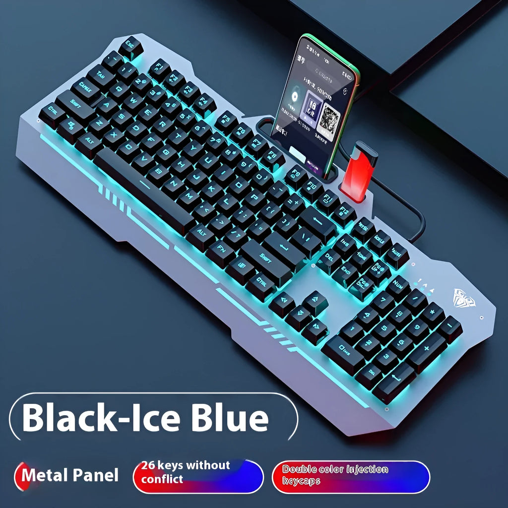Black and white wired gaming keyboard, mouse, headset, and mouse pad bundle with LED backlighting.