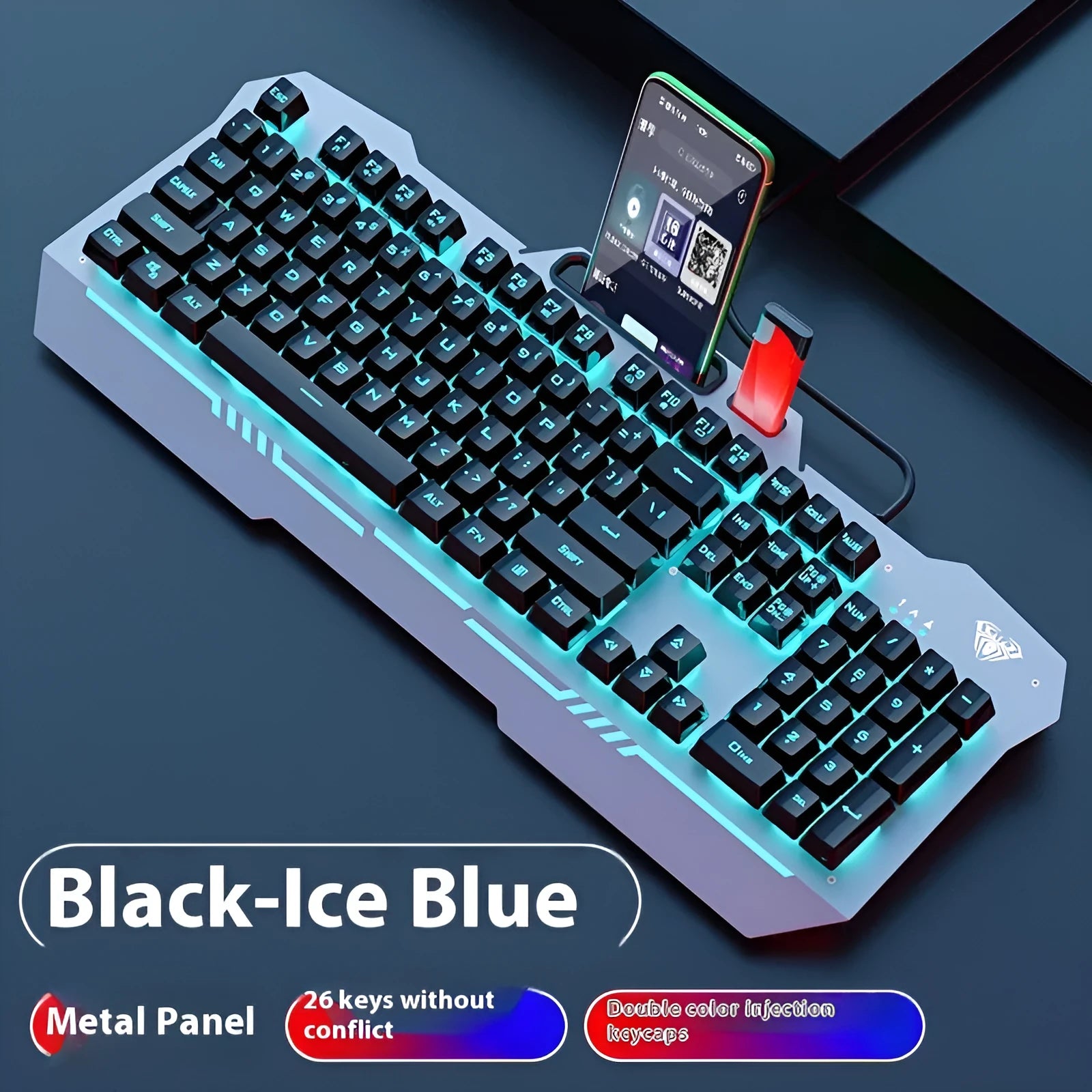Black and white wired gaming keyboard, mouse, headset, and mouse pad bundle with LED backlighting.