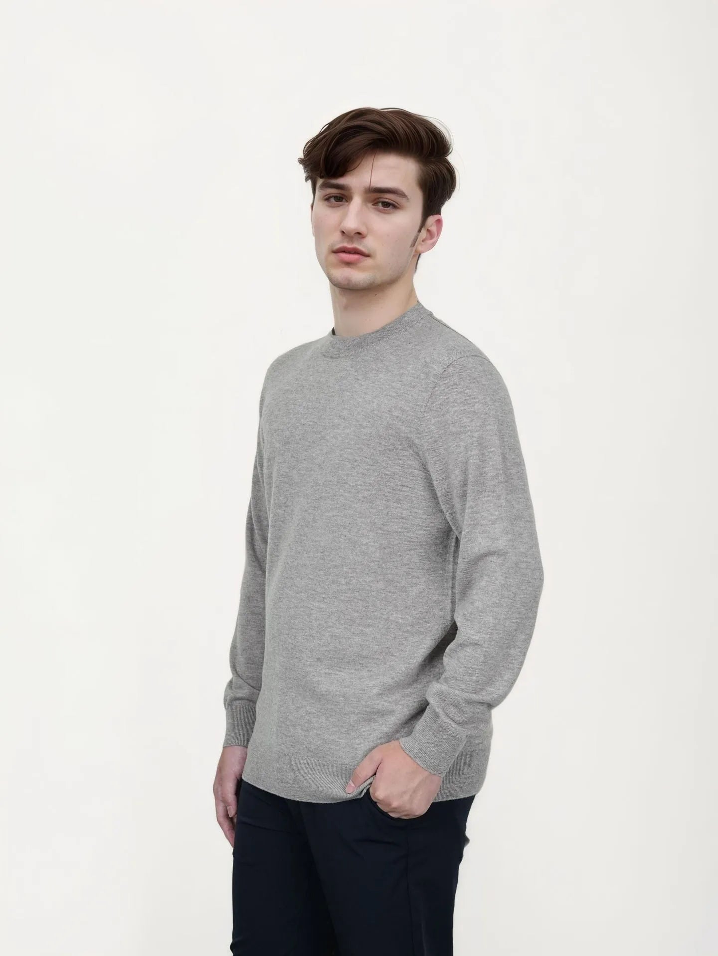 Men's regular fit wool pullover sweater in light grey colour for autumn winter wear