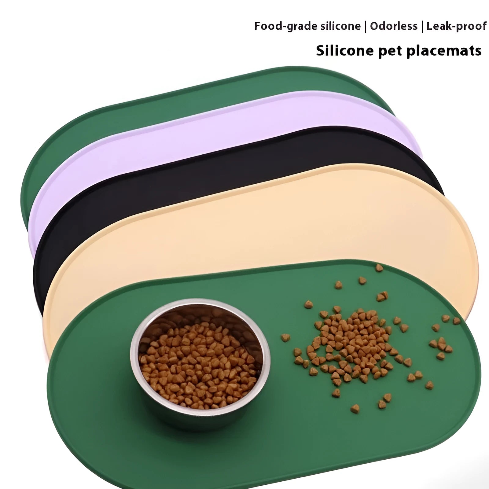 Silicone cat feeding placemat in green colour, shown under a food bowl on a wooden floor.
