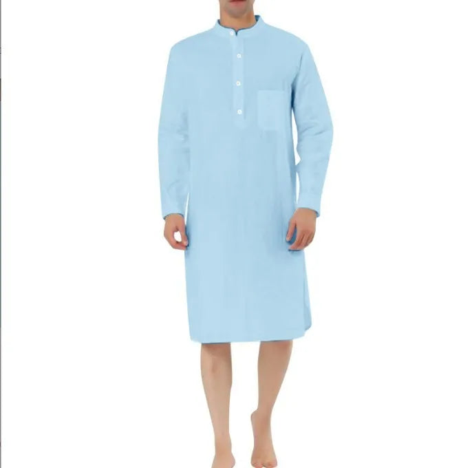 Men's simple cotton shirt robe with pocket available in white black and blue sizes S to XXL