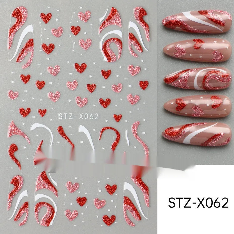 Sheet of black and silver love heart pattern nail art stickers with a plastic nail patch.