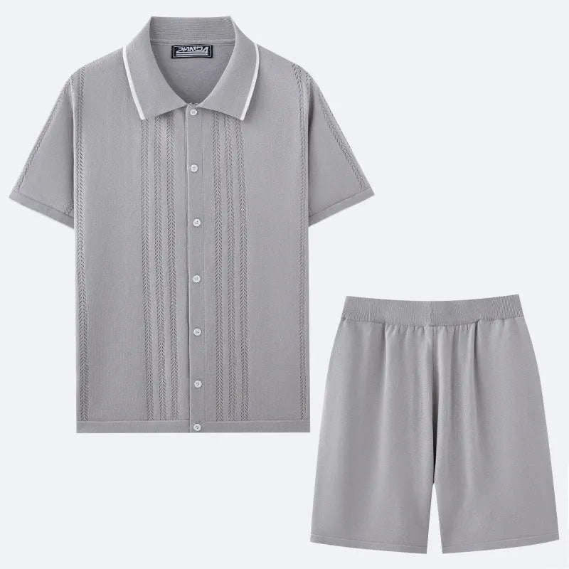 Business casual short sleeve sweater and shorts two-piece set in Tencel fabric, shown in multiple colour options.