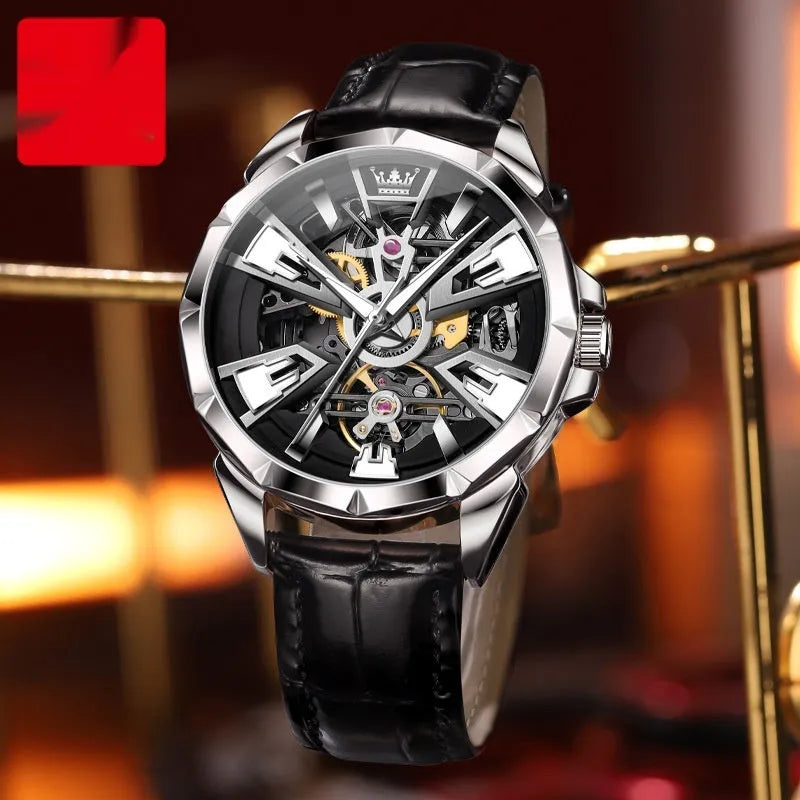 Men's automatic mechanical watch with hollow dial visible through transparent case back on genuine leather strap