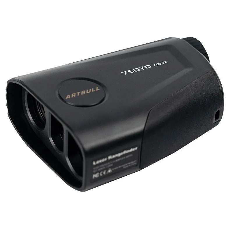 Rechargeable golf laser rangefinder with 6X magnification and LCD display showing 750 yard range capability