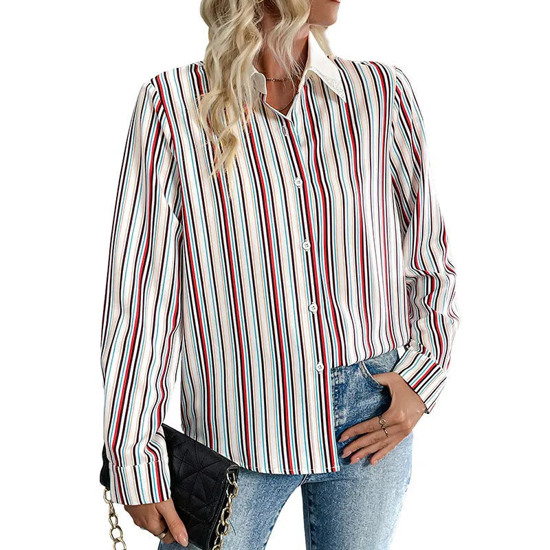 Women's lapel vertical striped long sleeve shirt in wine red, loose fit with full elastic fabric