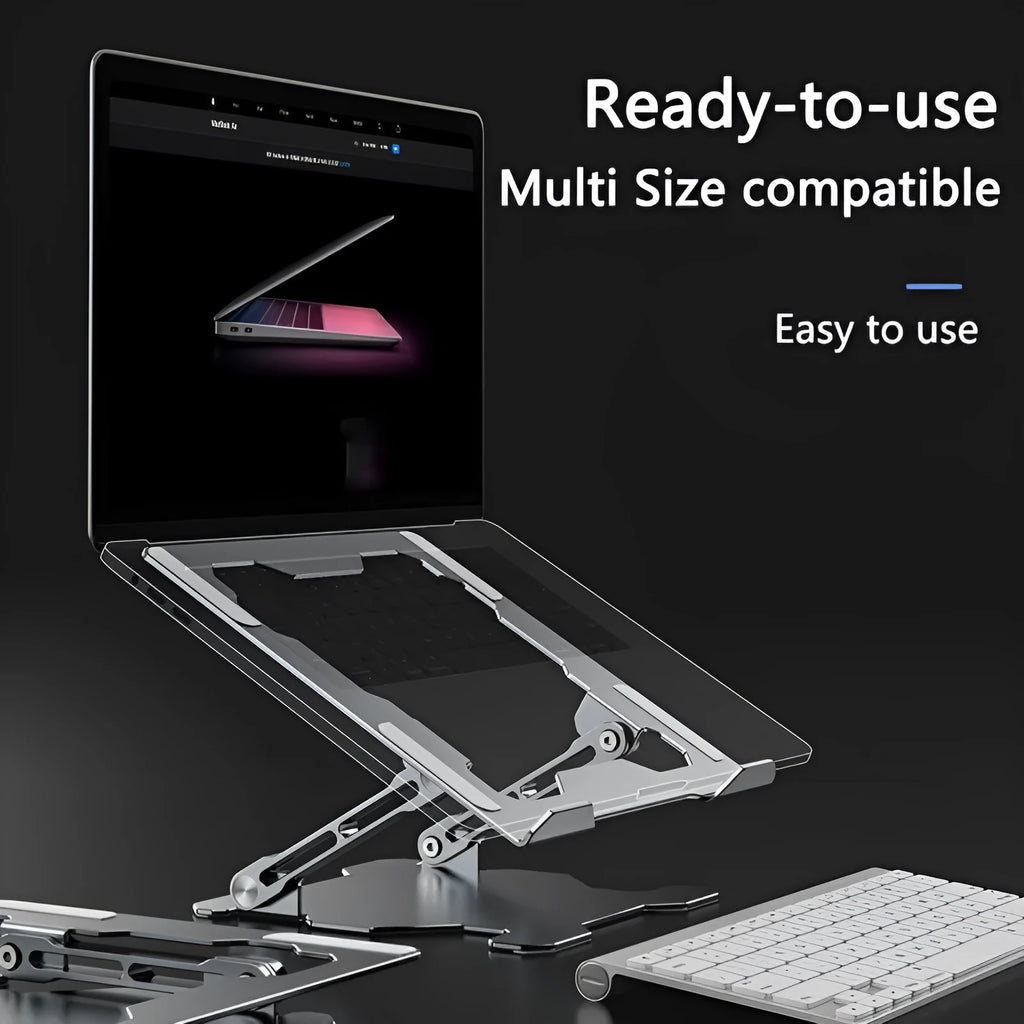 Aluminum adjustable laptop stand in folded and extended positions showing hollow design