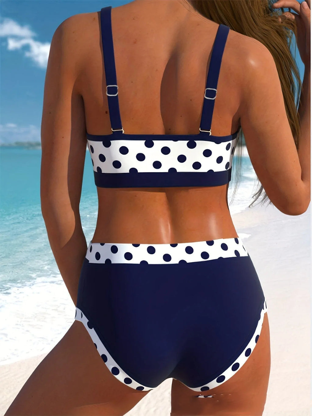 Women's split swimsuit bikini set with high-waisted briefs in small dot pattern