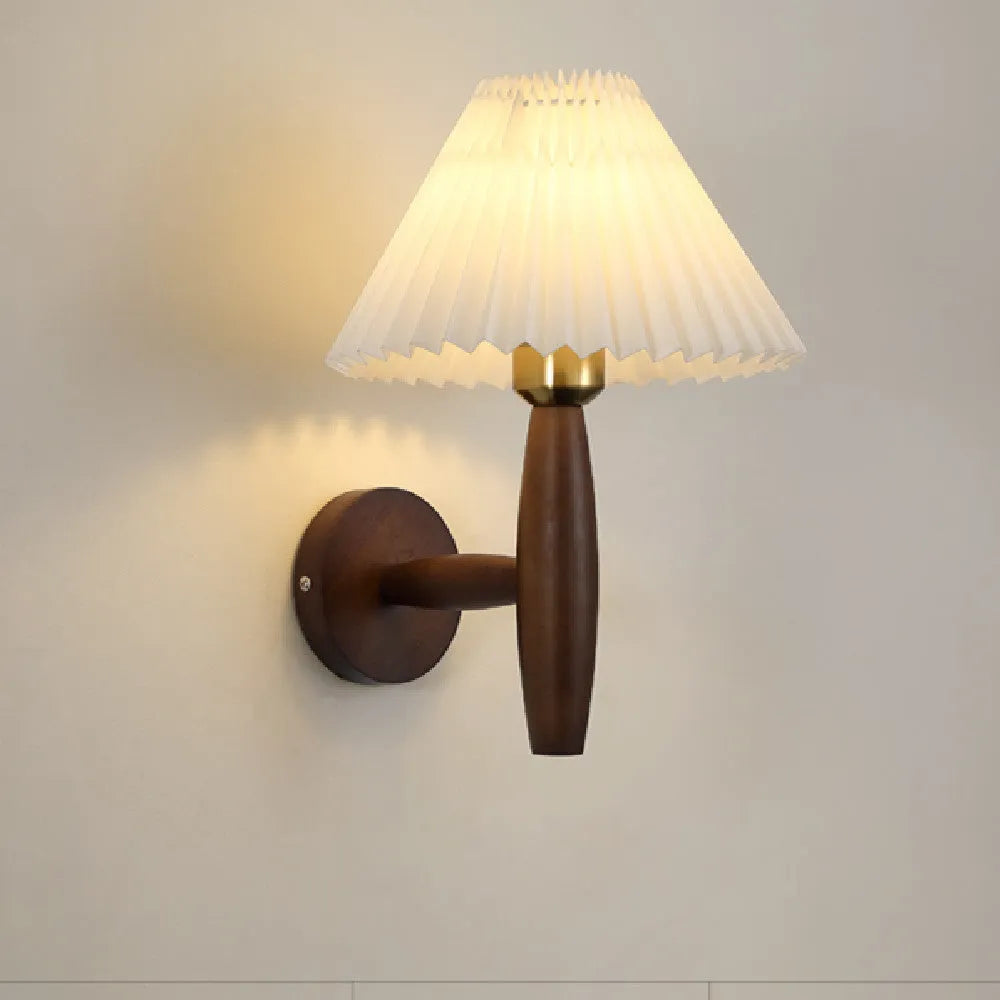 American retro wall lamp with rubber wood frame and fabric elements in walnut finish