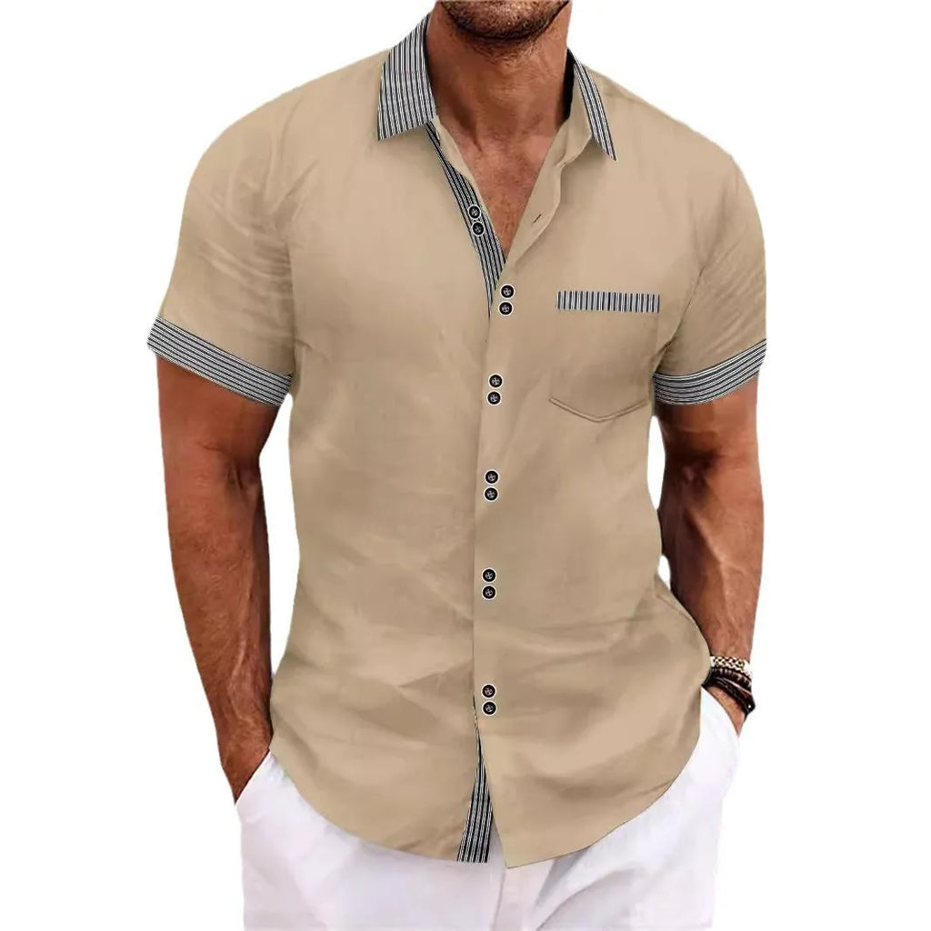 Pure cotton striped casual shirt in slim fit with short sleeves and a double-button front.