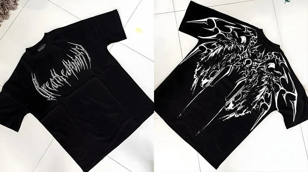 A man's loose-fit dark coloured cotton t-shirt with a gold gilding design detail on the front.